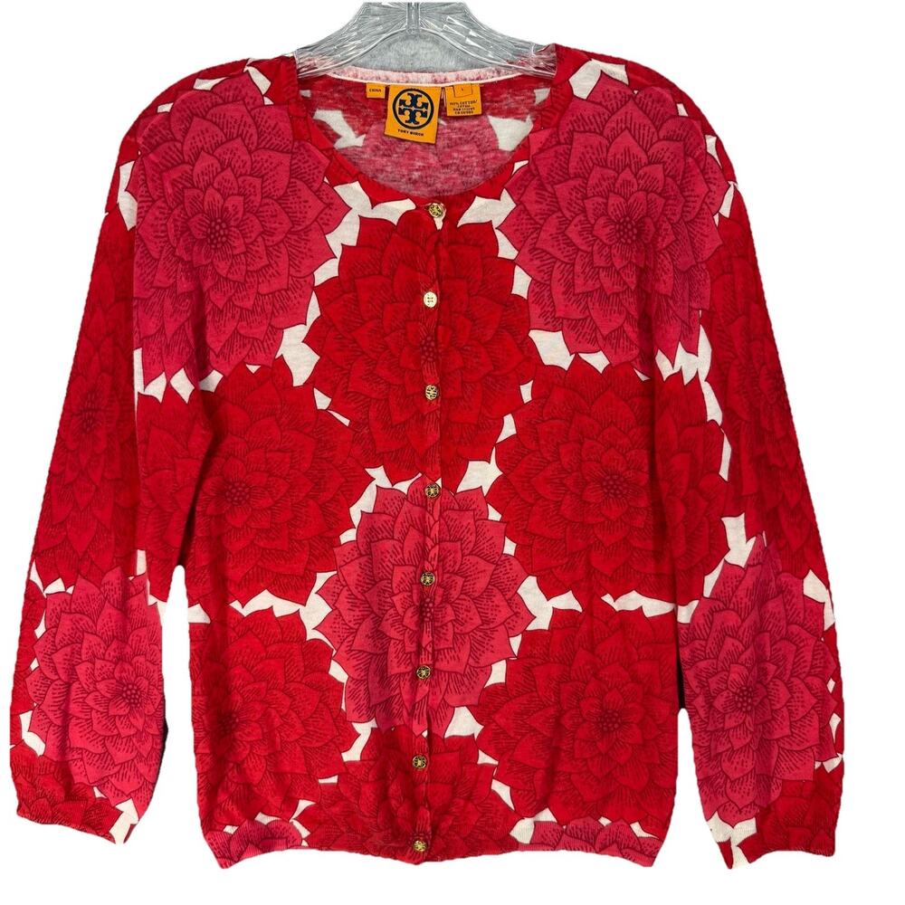 Tory Burch Floral Cardigan Womens L Red Cotton Designer Springcore